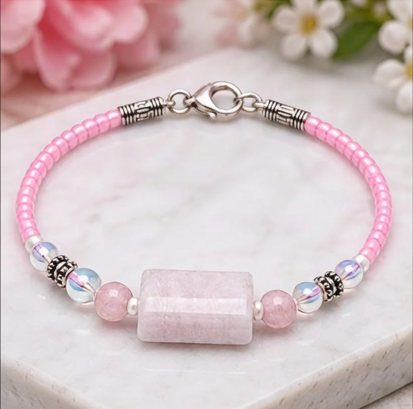 Natural Rose Quartz Gemstone Square Design Bracelet - Rose5