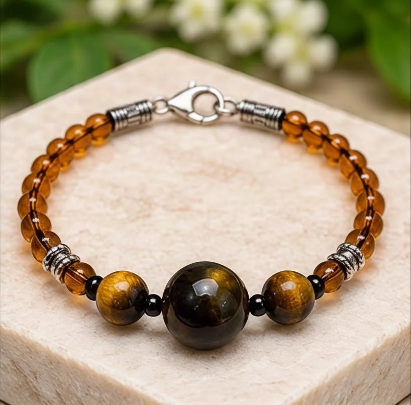 Natural Tiger Eye Gemstone Round Design Simple Bracelet - Tiger5