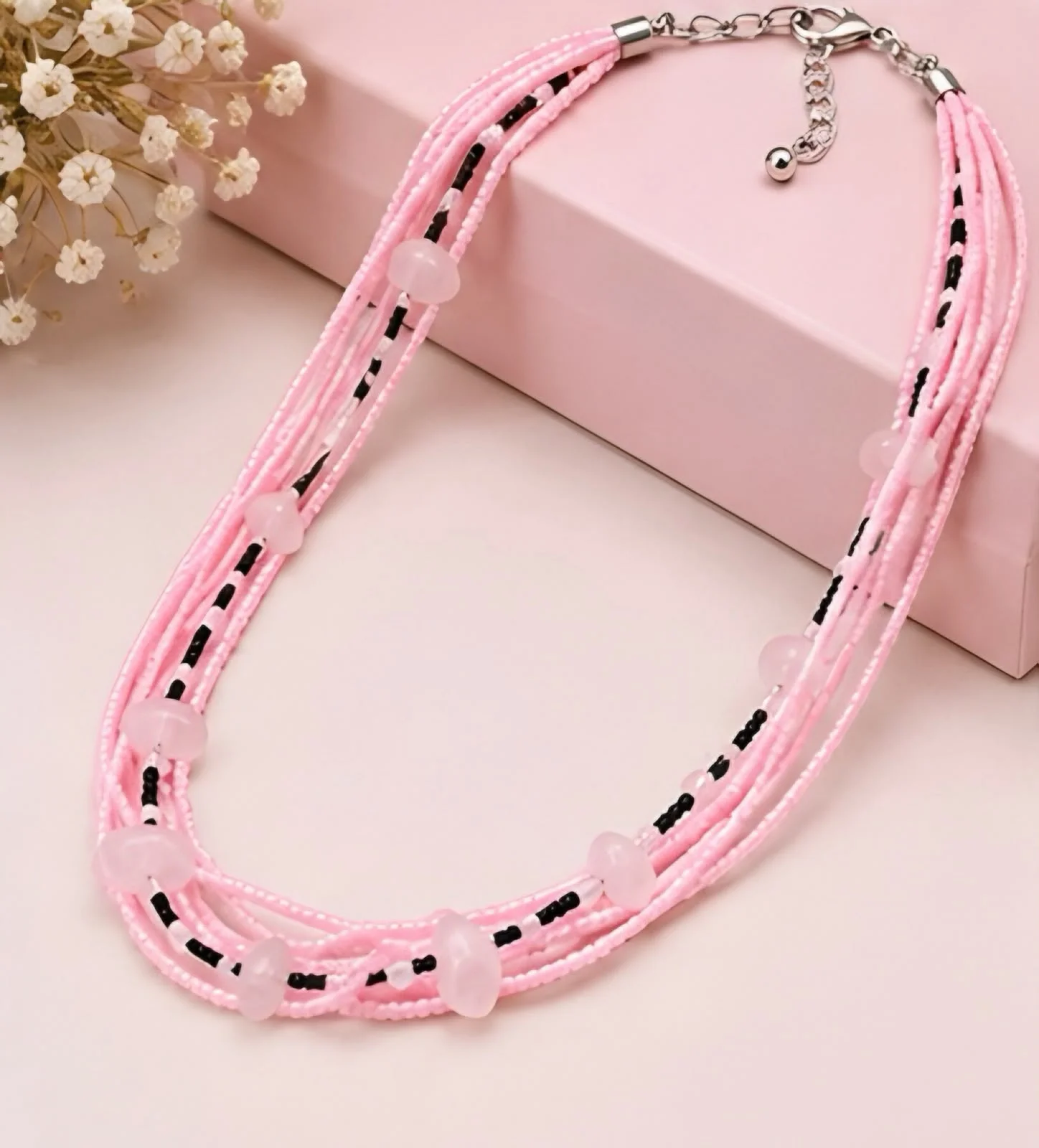 Natural Rose Quartz Multi-Layer Malla - Rose3